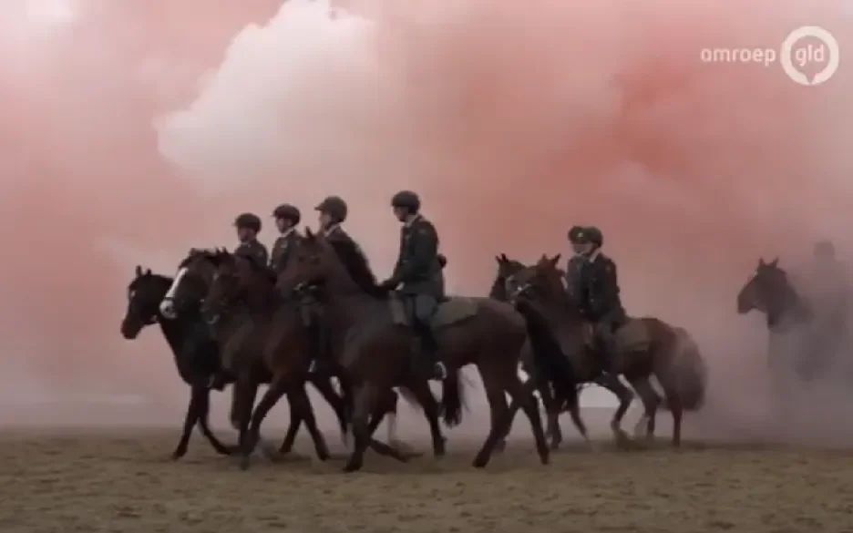 Paarden bij een oefening op het strand van Scheveningen.